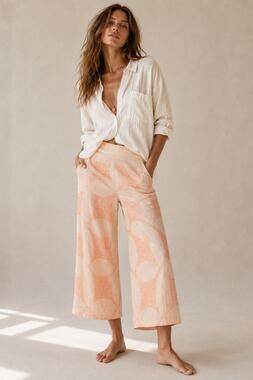 Joie Peachy Keen Botanical Tile Print 100% Linen Cropped Wide Leg Pants S Summer